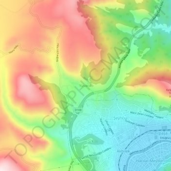 Mapa topográfico Yuvacık, altitud, relieve