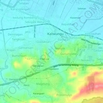 Mapa topográfico Mranggen, altitud, relieve