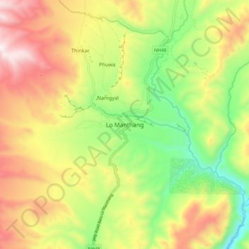 Mapa topográfico Lo Manthang, altitud, relieve