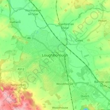Mapa topográfico Loughborough, altitud, relieve