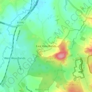 Mapa topográfico East Woodlands, altitud, relieve
