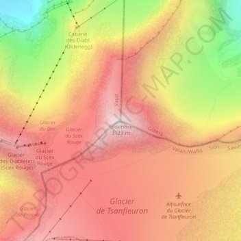 Mapa topográfico Becca d'Audon, altitud, relieve