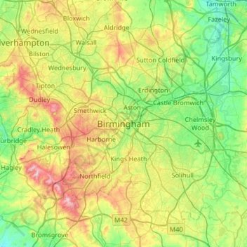 Mapa topográfico Birmingham, altitud, relieve