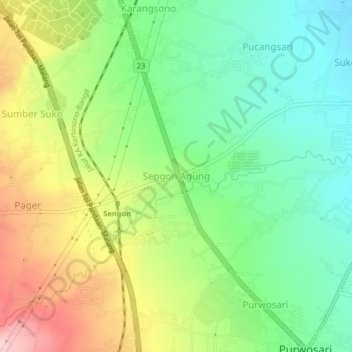 Mapa topográfico Sengon Agung, altitud, relieve