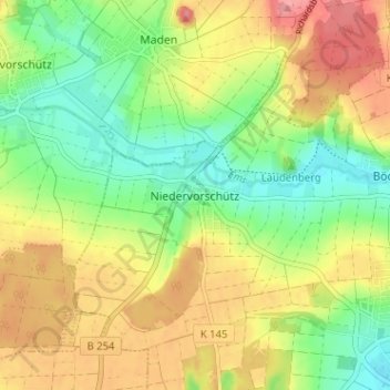 Mapa topográfico Niedervorschütz, altitud, relieve