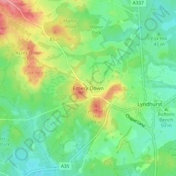 Mapa topográfico Emery Down, altitud, relieve