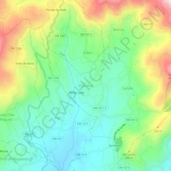 Mapa topográfico Vilarinho, altitud, relieve