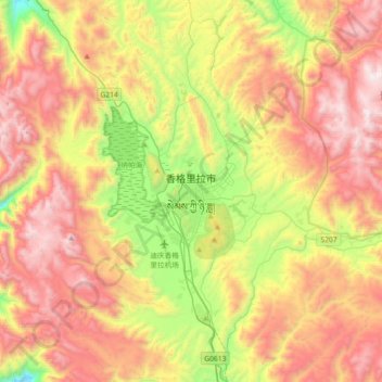 Mapa topográfico Shangri-La, altitud, relieve