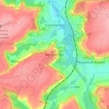 Mapa topográfico Berzy-le-Sec, altitud, relieve
