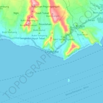 Mapa topográfico Candidasa, altitud, relieve