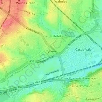 Mapa topográfico Tyburn, altitud, relieve