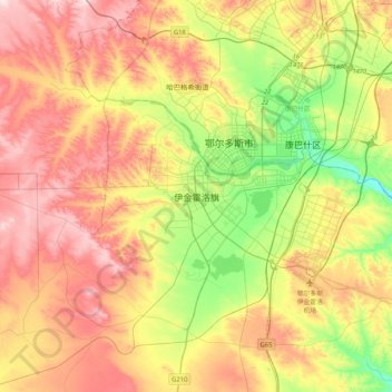 Mapa topográfico Ejin Horo, altitud, relieve