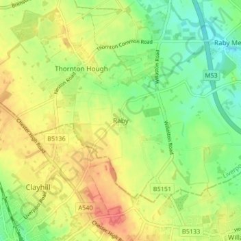 Mapa topográfico Raby, altitud, relieve