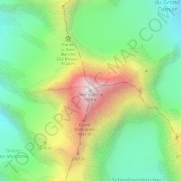 Mapa topográfico Dent Blanche, altitud, relieve