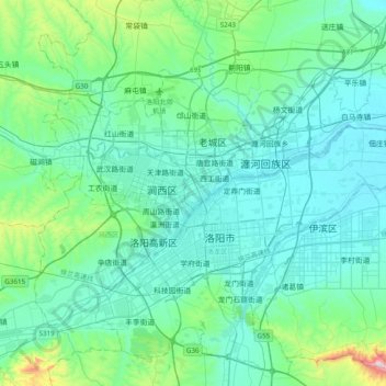 Mapa topográfico Luoyang, altitud, relieve