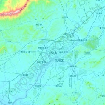Mapa topográfico Shangrao, altitud, relieve