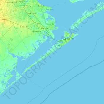 Mapa topográfico Galveston Island, altitud, relieve