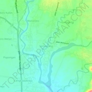 Mapa topográfico Semawung, altitud, relieve