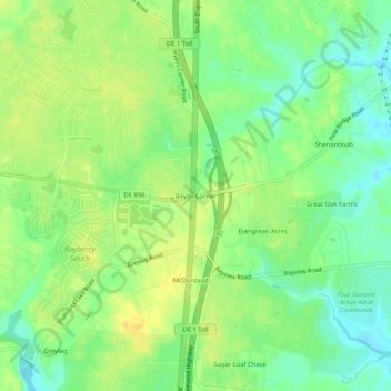 Mapa topográfico Boyds Corner, altitud, relieve