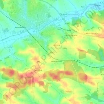Mapa topográfico Irlach, altitud, relieve