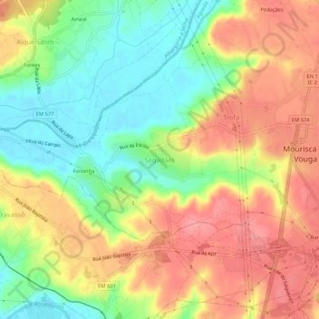 Mapa topográfico Segadães, altitud, relieve