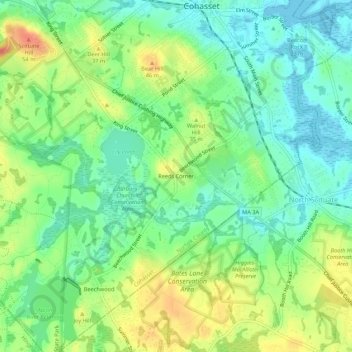 Mapa topográfico Reeds Corner, altitud, relieve