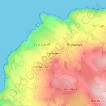 Mapa topográfico Pendeen, altitud, relieve