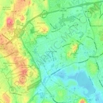 Mapa topográfico Cummingsville, altitud, relieve