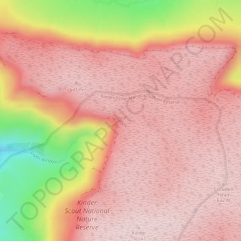 Mapa topográfico Kinder Downfall, altitud, relieve