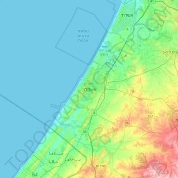 Mapa topográfico Ashkelon, altitud, relieve