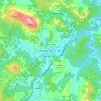 Mapa topográfico Arrasate / Mondragón, altitud, relieve