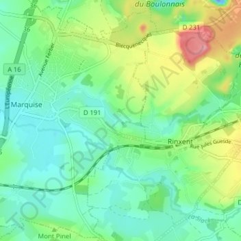 Mapa topográfico Bouquinghem, altitud, relieve