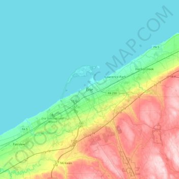 Mapa topográfico Erie, altitud, relieve