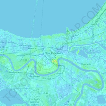 Mapa topográfico New Orleans, altitud, relieve