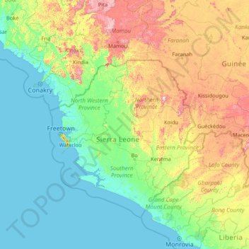 Mapa topográfico Tonkolili, altitud, relieve