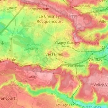 Mapa topográfico Versalles, altitud, relieve