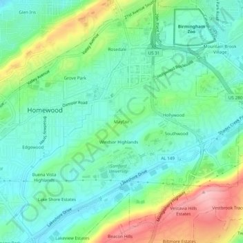 Mapa topográfico Mayfair, altitud, relieve