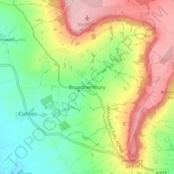 Mapa topográfico Broadhembury, altitud, relieve