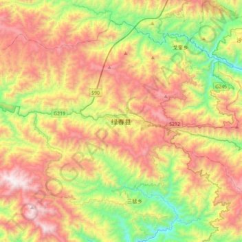 Mapa topográfico Lüchun, altitud, relieve
