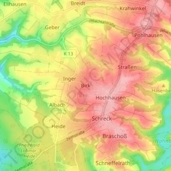 Mapa topográfico Birk, altitud, relieve