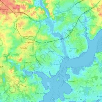 Mapa topográfico Lorient, altitud, relieve
