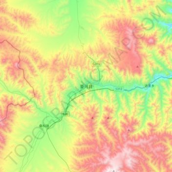 Mapa topográfico Xiahe, altitud, relieve