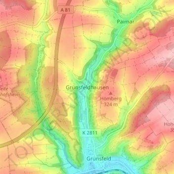 Mapa topográfico Grünsfeldhausen, altitud, relieve