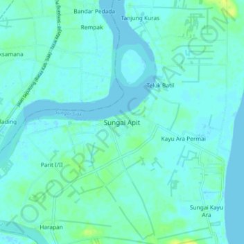 Mapa topográfico Sungai Apit, altitud, relieve