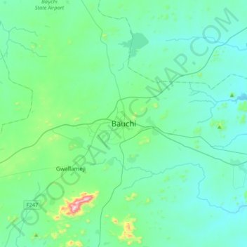 Mapa topográfico Bauchi, altitud, relieve