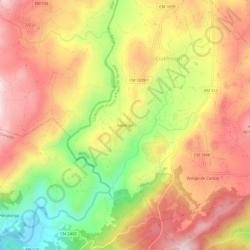 Mapa topográfico Secerigo, altitud, relieve