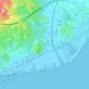 Mapa topográfico Los Toscanos, altitud, relieve