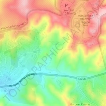 Mapa topográfico Leguna Seca Recreational Area, altitud, relieve