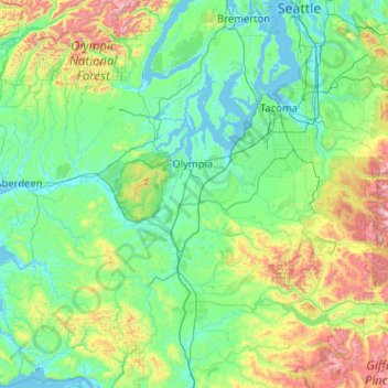 Mapa topográfico Thurston, altitud, relieve
