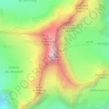 Mapa topográfico Zinalrothorn, altitud, relieve